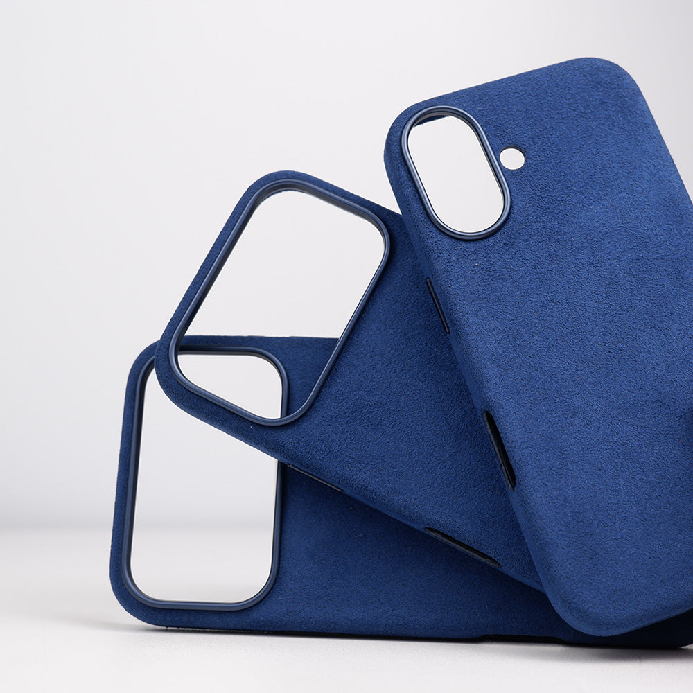 Cantaracase deep blue Alcantara iPhone 17 case close up