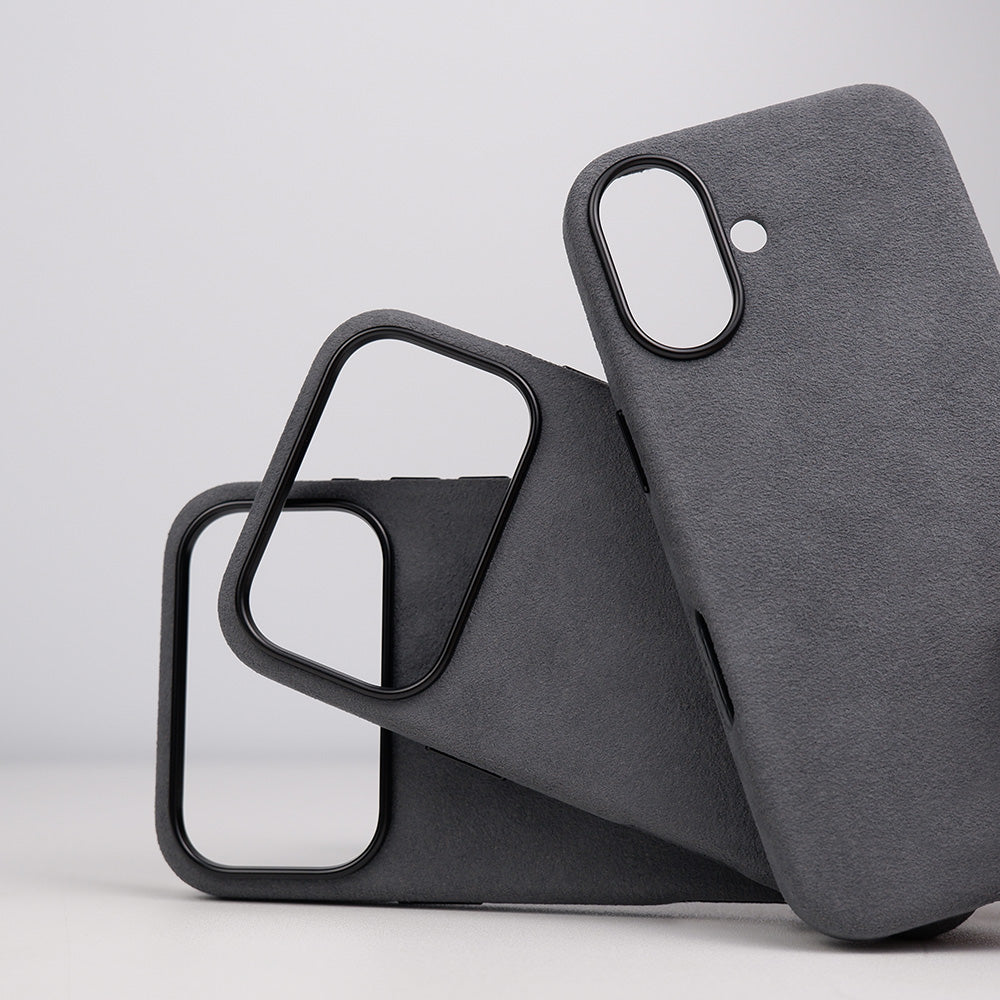 Cantaracase grey Alcantara iPhone 17 case close up