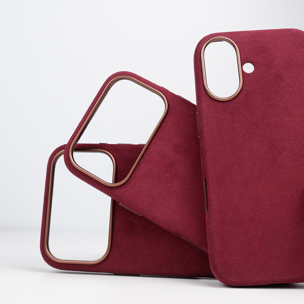 Cantaracase wine red Alcantara iPhone 17 case close up