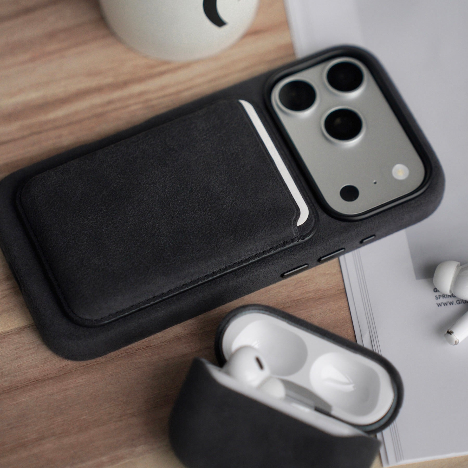 Cantaracase Alcantara iPhone case, MagSafe wallet, and AirPods case daily carry set